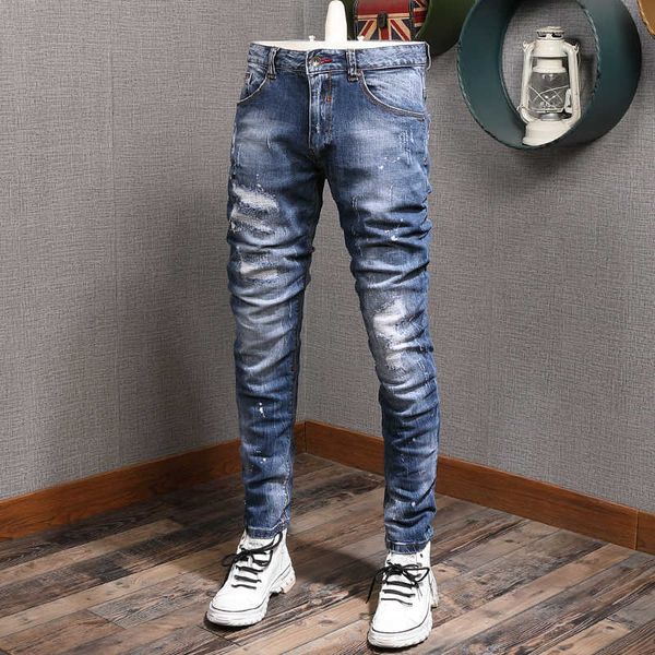 italian style fashion men jeans elastic cotton slim fit ripped for vintage designer denim pants hombre vk70, Blue
italian style fashion men jeans elastic cotton slim fit ripped for vintage designer denim pants hombre vk70, Blue