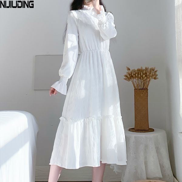 spring summer elegant women dresses flare sleeve turtleneck elastic waist party white dress mujer vestidos drop 210514, Black;gray 
spring summer elegant women dresses flare sleeve turtleneck elastic waist party white dress mujer vestidos drop 210514, Black;gray