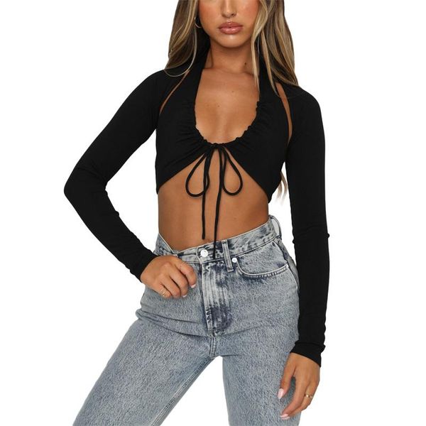 women's t-shirt ladies summer casual clothes girls solid color hanging neck front drawstring with long sleeve backless short, White
women's t-shirt ladies summer casual clothes girls solid color hanging neck front drawstring with long sleeve backless short, White