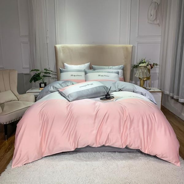 bedding sets luxury satin silk cotton embroidery set pink white gray splicing duvet cover flat/fitted sheet pillowcases home textiles
bedding sets luxury satin silk cotton embroidery set pink white gray splicing duvet cover flat/fitted sheet pillowcases home textiles