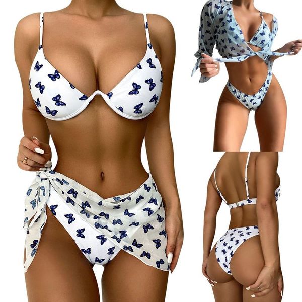 women's swimwear hirigin women split 2pcs swimsuit set butterfly print deep v-neck bikini and elastic waist panties with mesh cover ups, White;black
women's swimwear hirigin women split 2pcs swimsuit set butterfly print deep v-neck bikini and elastic waist panties with mesh cover ups, White;black