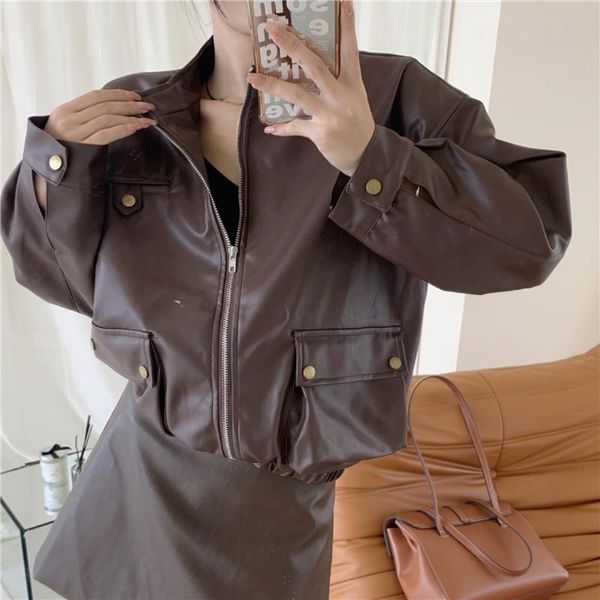 women's jackets autumn vintage lapel double pockets women pu coats long sleeve zippers loose female faux leather, Black;brown
women's jackets autumn vintage lapel double pockets women pu coats long sleeve zippers loose female faux leather, Black;brown