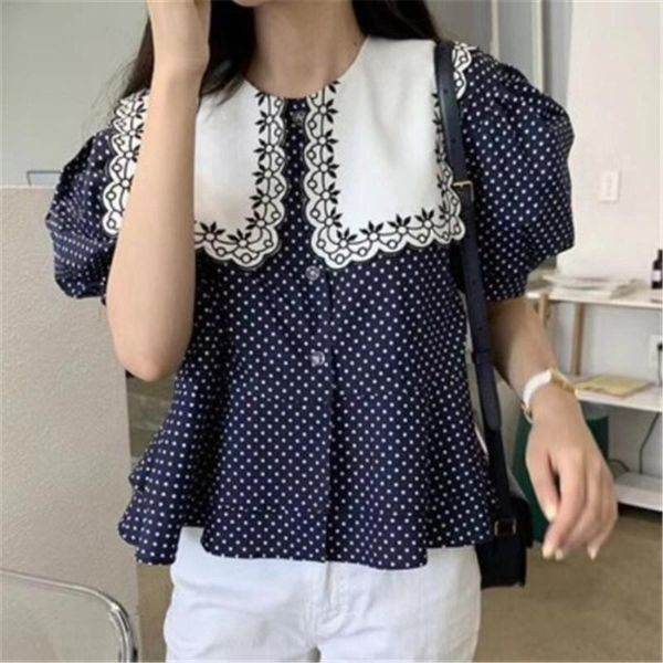 women' s blouse koren style chic vintage polk dot shirt contrasting color large lapel puff sleeve 2021 summer women's blouses & s, White
women' s blouse koren style chic vintage polk dot shirt contrasting color large lapel puff sleeve 2021 summer women's blouses & s, White