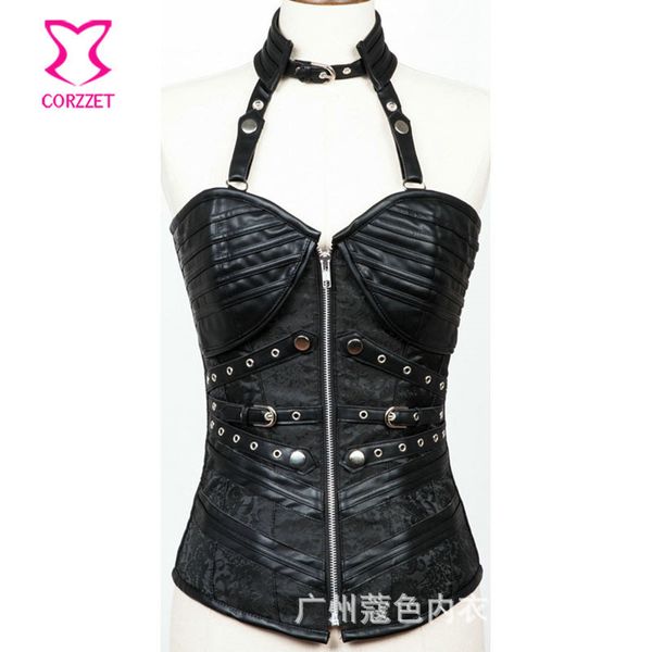 costumes zipper pu fun underwear style hanging neck steel corset, Black