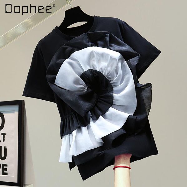 women's t-shirt summer 2021 loose three-dimensional flower short-sleeved slimming patchwork contrast color round neck casual fashion, White
women's t-shirt summer 2021 loose three-dimensional flower short-sleeved slimming patchwork contrast color round neck casual fashion, White