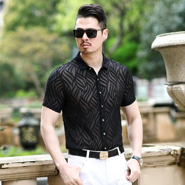 man hollow transparent shirts summer see through clothes male short sleeve nightclub style dress shirts, White;black
man hollow transparent shirts summer see through clothes male short sleeve nightclub style dress shirts, White;black
