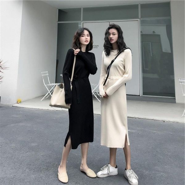casual dresses ladies clothes 2021 autumn and winter woolen tight waist slim base inner dress round neck simplicity knitted for women, Black;gray 
casual dresses ladies clothes 2021 autumn and winter woolen tight waist slim base inner dress round neck simplicity knitted for women, Black;gray