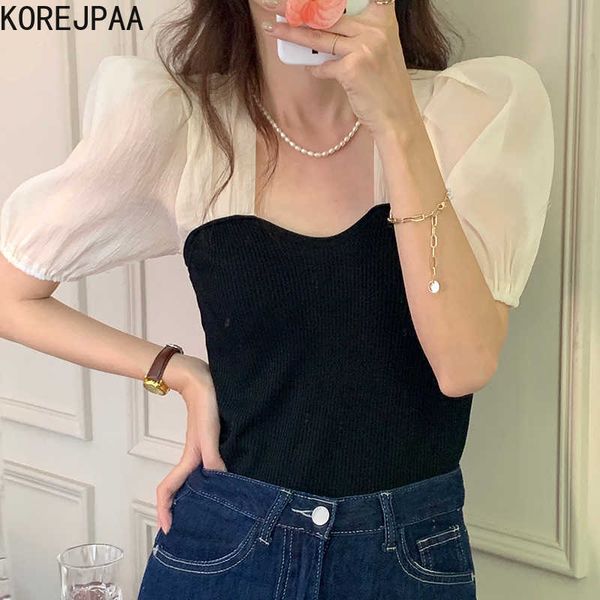 korejpaa women t-shirt summer korean retro square collar hit color stitching slimming puff sleeve fake two-piece sweater 210526, White
korejpaa women t-shirt summer korean retro square collar hit color stitching slimming puff sleeve fake two-piece sweater 210526, White
