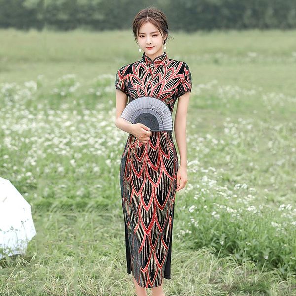 ethnic clothing plus size 3xl-5xl lady cheongsam high split velvet chinese qipao bling sequins dresses gown velour classic party vestid, Red 
ethnic clothing plus size 3xl-5xl lady cheongsam high split velvet chinese qipao bling sequins dresses gown velour classic party vestid, Red