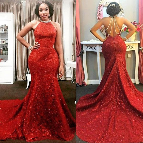 backless beading red mermaid prom dresses sleeveless halter neck sweep strain sequined formal evening gowns party dress, Black
backless beading red mermaid prom dresses sleeveless halter neck sweep strain sequined formal evening gowns party dress, Black