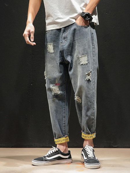 men's jeans beggar ripped large size spring and autumn youth hemming pencil pants japanese fashion brand cropped harem, Blue
men's jeans beggar ripped large size spring and autumn youth hemming pencil pants japanese fashion brand cropped harem, Blue