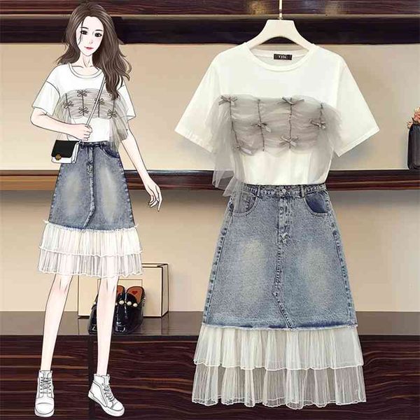 cute bow stitching mesh short sleeve tshirt female summer plus size blouse and ruffles patchwork denim skirt suits 210602, Black;white
cute bow stitching mesh short sleeve tshirt female summer plus size blouse and ruffles patchwork denim skirt suits 210602, Black;white