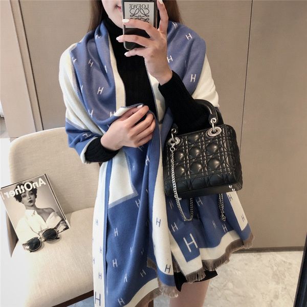 design scarf women's winter new korean patchwork plaid thickened shawl letter cashmere blended scarf, Blue;gray
design scarf women's winter new korean patchwork plaid thickened shawl letter cashmere blended scarf, Blue;gray