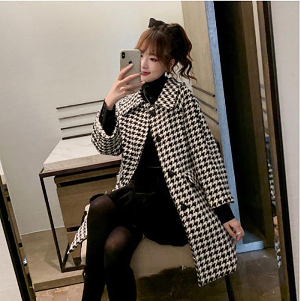 women's wool & blends thousand bird lattice woollen coat autumn and winter korean loose medium length small cotton thickened plaid, Black
women's wool & blends thousand bird lattice woollen coat autumn and winter korean loose medium length small cotton thickened plaid, Black