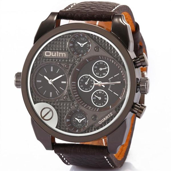 

wristwatches brand oulm original mens watches for big wrist leather strap japan movt dual quartz fashion casual watch relogio masculino marc, Slivery;brown