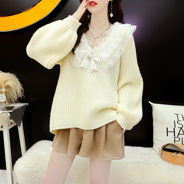sweater knit meitong design sense lace stitching v-neck women's 2021 autumn and winter sweet little fresh fairy top, White;black
sweater knit meitong design sense lace stitching v-neck women's 2021 autumn and winter sweet little fresh fairy top, White;black