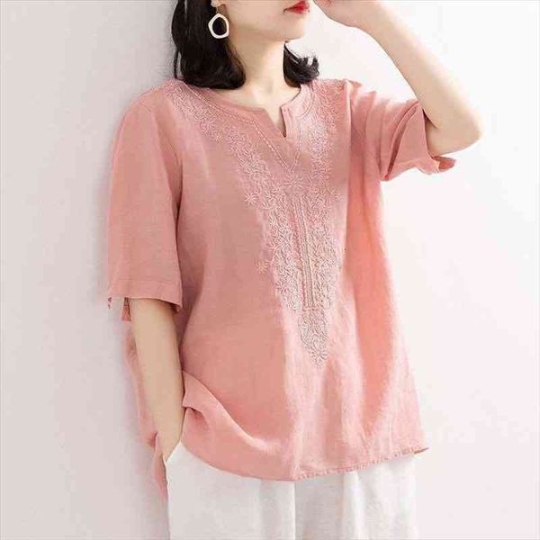 cotton linen shirt women vintage embroidered short sleeve loose casual femine blouse plus size simple chic, White
cotton linen shirt women vintage embroidered short sleeve loose casual femine blouse plus size simple chic, White