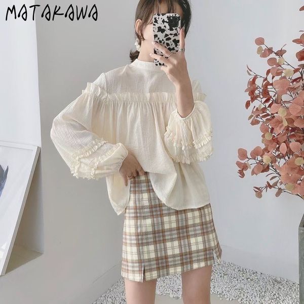 matakawa spring lantern sleeve blouse women elegant solid color shirt female round neck ruffles ladies shirt 210513, White 
matakawa spring lantern sleeve blouse women elegant solid color shirt female round neck ruffles ladies shirt 210513, White