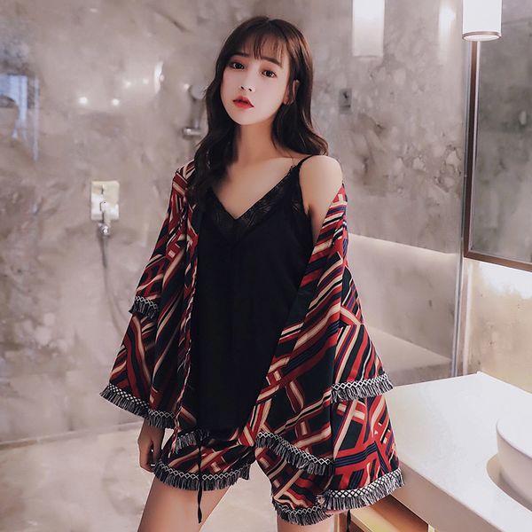 women's sleepwear women pajamas set comfort loose bell sleeve coat+camisole+shorts tassel 3pcs japanese style homewear casual wear, Black;red
women's sleepwear women pajamas set comfort loose bell sleeve coat+camisole+shorts tassel 3pcs japanese style homewear casual wear, Black;red