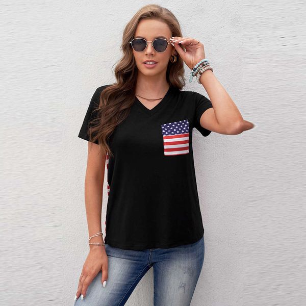 us flag print short sleeve summer loose v-neck pullover t-shirt 2525113, White