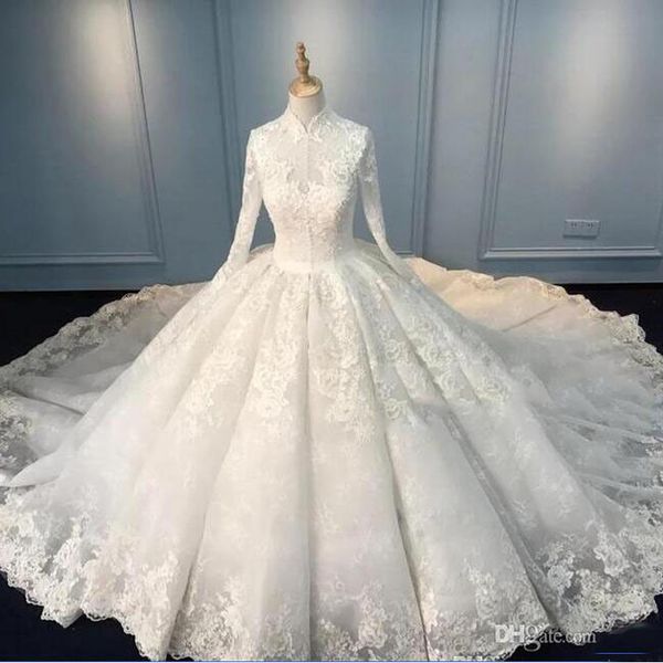 new arrival lace applique empire waist wedding dress with long sleeves high collar vintage dresses for castle, White
new arrival lace applique empire waist wedding dress with long sleeves high collar vintage dresses for castle, White