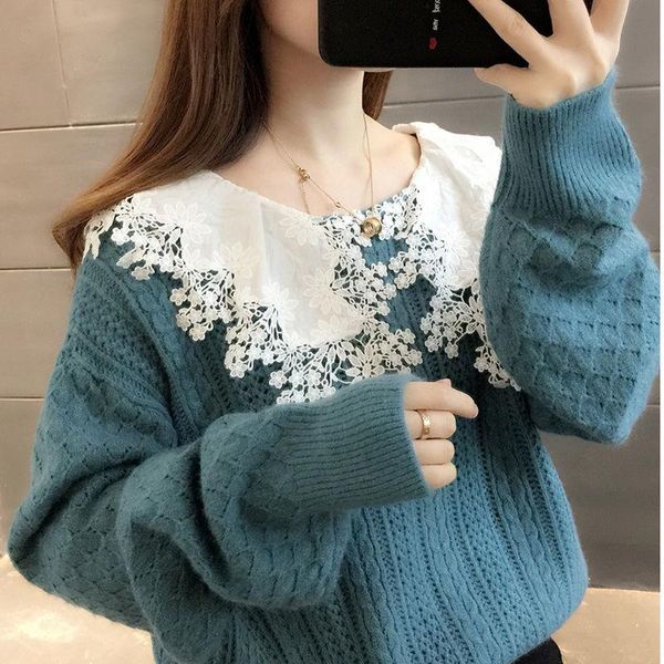 women's sweaters 2022 spring autumn sweater female korean version loose winter outer wear lace doll collar knit pullover top, White;black
women's sweaters 2022 spring autumn sweater female korean version loose winter outer wear lace doll collar knit pullover top, White;black