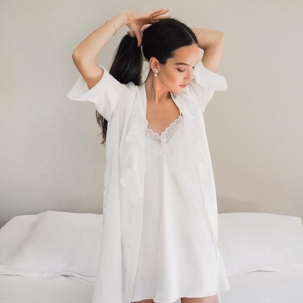 women's sleepwear hiloc ruffle women pajama robe sets white nightgown spaghetti strap nightdress lace up bathrobe female satin nightwea, Black;red
women's sleepwear hiloc ruffle women pajama robe sets white nightgown spaghetti strap nightdress lace up bathrobe female satin nightwea, Black;red