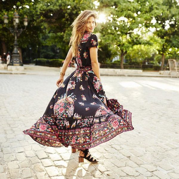 women boho floral printed dress v neck vintage dress evening party beach dresses summer sundressby air, Black;white
women boho floral printed dress v neck vintage dress evening party beach dresses summer sundressby air, Black;white