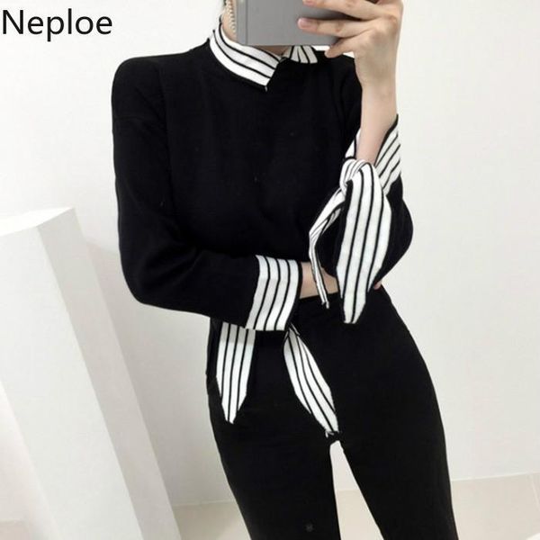 women's sweaters neploe fake two pieces knit pullover stripe contrast color patchwork sweater lace up long sleeve slim winter knitwear, White;black
women's sweaters neploe fake two pieces knit pullover stripe contrast color patchwork sweater lace up long sleeve slim winter knitwear, White;black