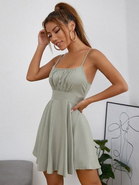 petite ruched bust flare hem cami dress u3go#, Black;gray