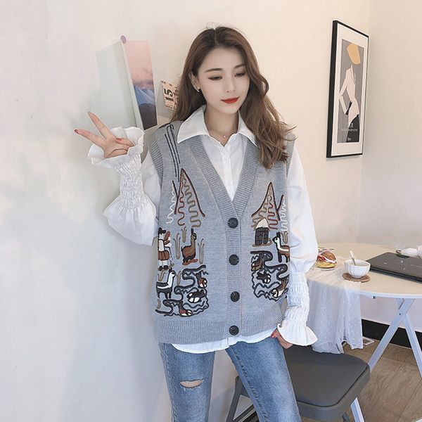 autumn and winter knitted cardigan v-neck sleevels vt loose korean embroidered waistcoat women's sweater, Black;white
autumn and winter knitted cardigan v-neck sleevels vt loose korean embroidered waistcoat women's sweater, Black;white