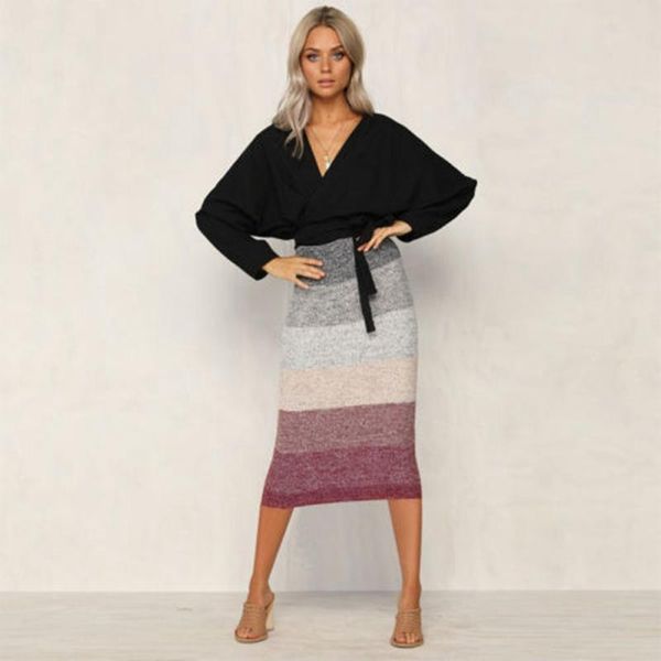 skirts winter women's knitted stretch straight bodycon elastic waist long pencil, Black
skirts winter women's knitted stretch straight bodycon elastic waist long pencil, Black