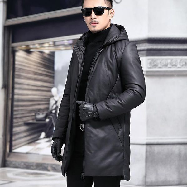 men's leather & faux autumn and winter thickened down jacket head layer sheep coat hooded leisure long, Black
men's leather & faux autumn and winter thickened down jacket head layer sheep coat hooded leisure long, Black