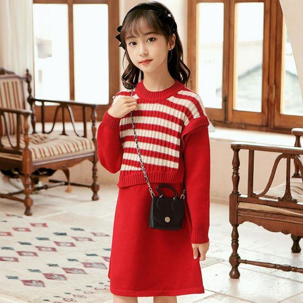 girl's dresses autumn winter knitted dress for girls fashion striped soft cotton knee length gowns children teens daily casual clothes, Red;yellow