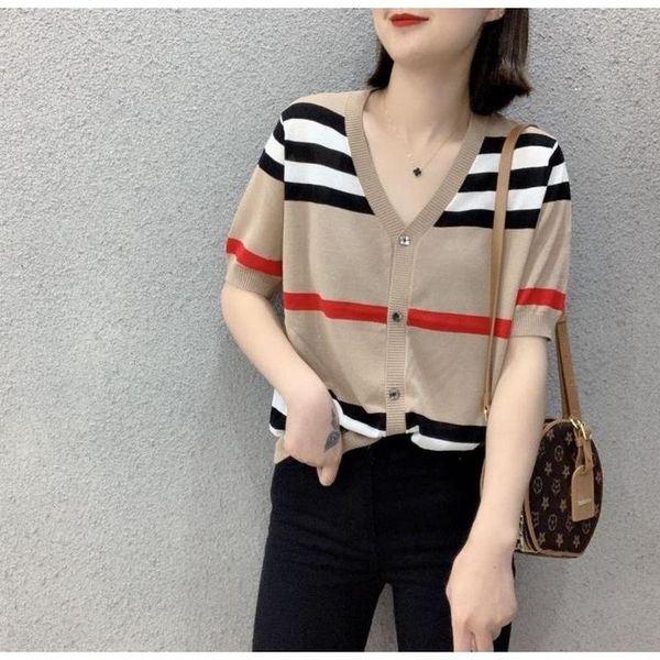 women's t-shirt women cardigan summer casual ice silk knitted short v neck female shirt chic loose woman british style, White
women's t-shirt women cardigan summer casual ice silk knitted short v neck female shirt chic loose woman british style, White