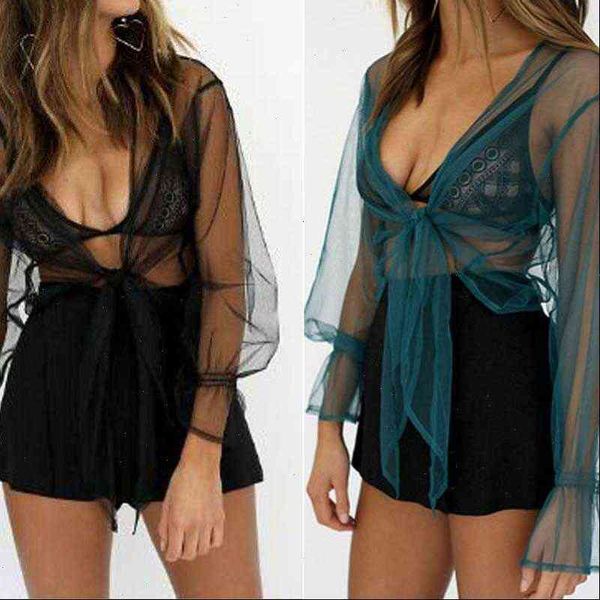 long sleeve transparent see women blouses through casual mesh sheer crop bandage black tees, White
long sleeve transparent see women blouses through casual mesh sheer crop bandage black tees, White