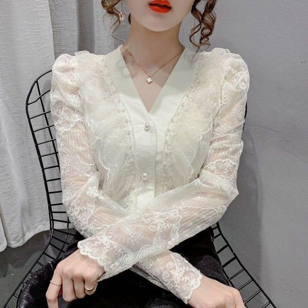 women's blouses & shirts blouse women shirt hollow lace spring ruffled mesh v-neck long sleeve blusas mujer de moda, White
women's blouses & shirts blouse women shirt hollow lace spring ruffled mesh v-neck long sleeve blusas mujer de moda, White