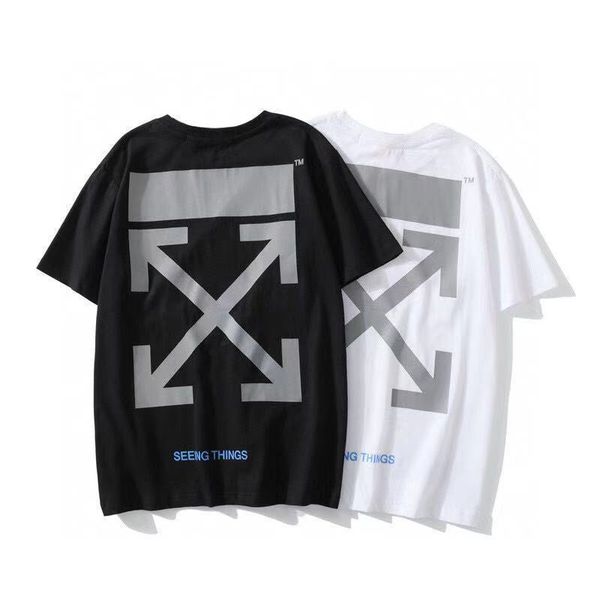 2021 spring / summer new off reflective arrow crew neck pullover men's and women's short sleeves, White;black
