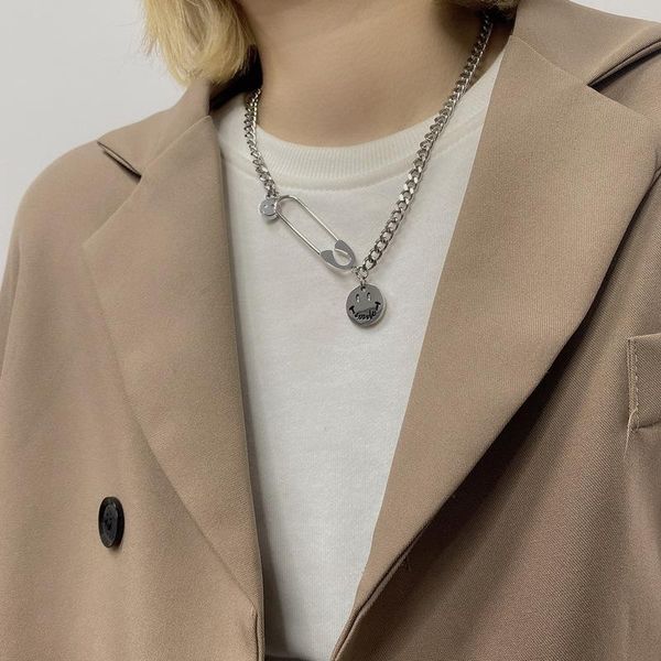 creative letter print smile pendant necklace for women titanium steel chunky chain pin asymmetry chokers necklaces jewelry, Silver
creative letter print smile pendant necklace for women titanium steel chunky chain pin asymmetry chokers necklaces jewelry, Silver
