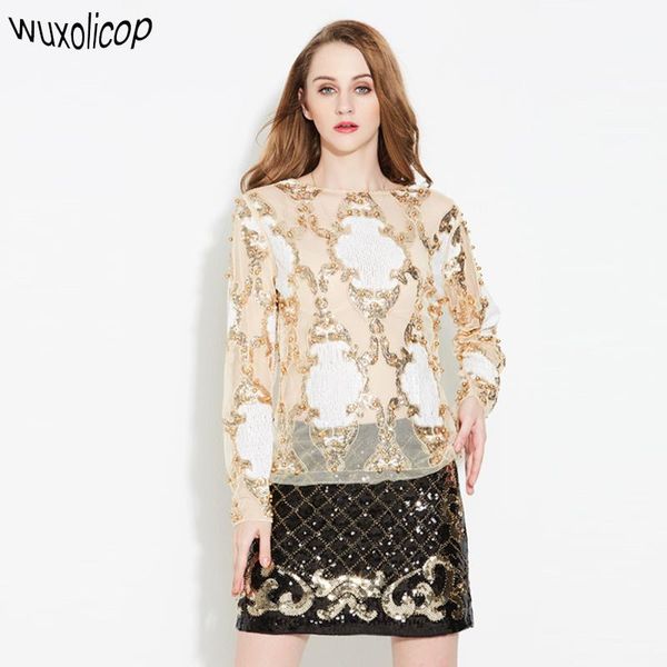 women's blouses & shirts luxury designer women see-through lace shirt long sleeve heavy beaded diamond embroidery sequined blouse, White
women's blouses & shirts luxury designer women see-through lace shirt long sleeve heavy beaded diamond embroidery sequined blouse, White