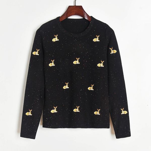 women's sweaters fall pullover for women colors sequined fawn embroidery black o-neck long sleeve slim knitwear 9l8x, White;black
women's sweaters fall pullover for women colors sequined fawn embroidery black o-neck long sleeve slim knitwear 9l8x, White;black
