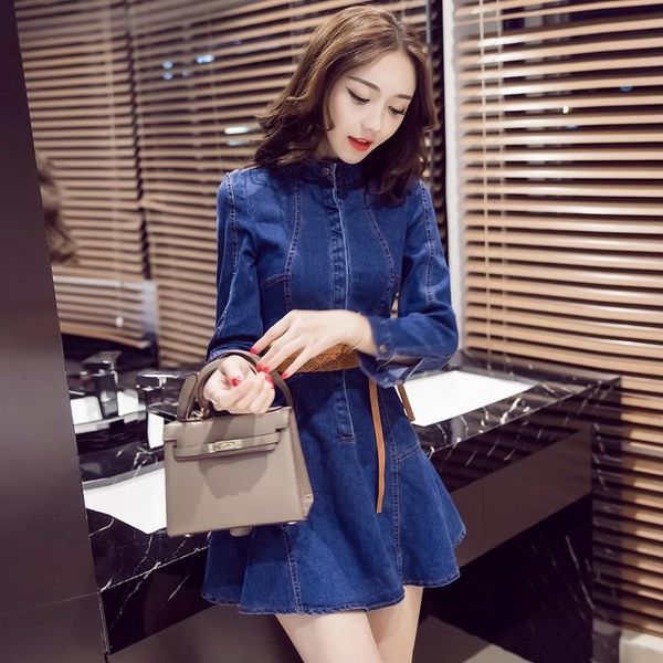 casual dresses sweet korean womens long sleeve stand collar ruffles denim elegant high waist slim solid covered button a-line dress, Black;gray
casual dresses sweet korean womens long sleeve stand collar ruffles denim elegant high waist slim solid covered button a-line dress, Black;gray