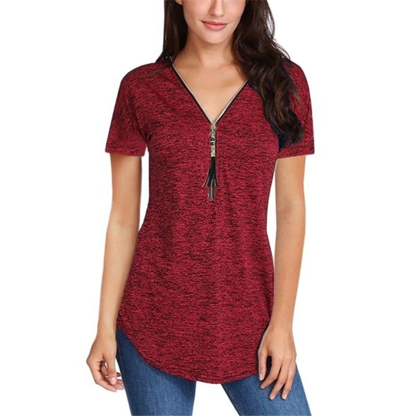 women's t-shirt good quality tassel zipper front v-neck casual slim short tshirts women 2021 summer tees large sizes s-5xl shirts, White 
women's t-shirt good quality tassel zipper front v-neck casual slim short tshirts women 2021 summer tees large sizes s-5xl shirts, White