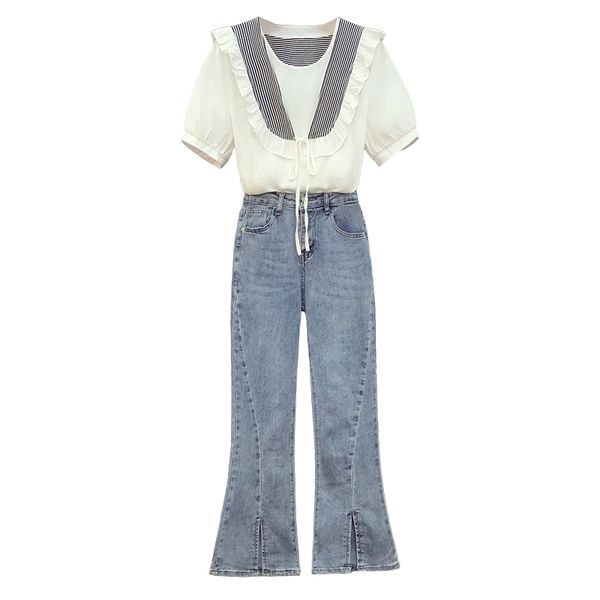 women summer causal two-piece set loose lace up stripe ruffle spliced puff sleeve shirt split denim flare pants t3043 210514, White
women summer causal two-piece set loose lace up stripe ruffle spliced puff sleeve shirt split denim flare pants t3043 210514, White