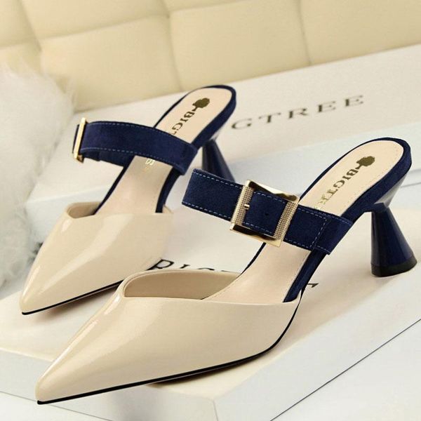 slippers patent leather pointed color matching buckle half mules shales slides casual beige white strange heels women's shoes, Black
slippers patent leather pointed color matching buckle half mules shales slides casual beige white strange heels women's shoes, Black