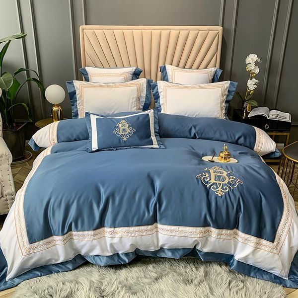 luxury blue smooth silk cotton embroidery 4pcs bedding set king size duvet cover bed sheet pillowcases home textiles sets
luxury blue smooth silk cotton embroidery 4pcs bedding set king size duvet cover bed sheet pillowcases home textiles sets