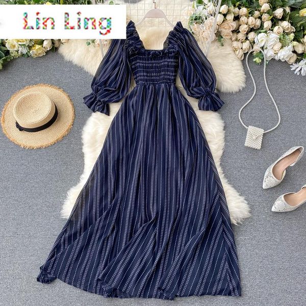 casual dresses linling elegant chiffon maxi dress women striped ruffle puff sleeve high waist 2021 summer beach, Black;gray
casual dresses linling elegant chiffon maxi dress women striped ruffle puff sleeve high waist 2021 summer beach, Black;gray