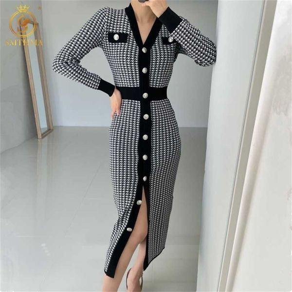 hma autumn winter v-meck sweater dress korea chic single-breasted houndstooth knit long vestidos 211112, Black;gray
hma autumn winter v-meck sweater dress korea chic single-breasted houndstooth knit long vestidos 211112, Black;gray