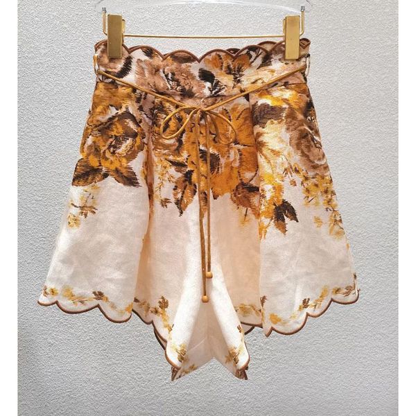 women's shorts linen summer gold high waist fashion printing belt elegant women 2021, White;black
women's shorts linen summer gold high waist fashion printing belt elegant women 2021, White;black