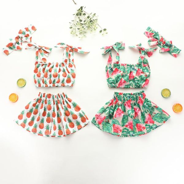 pieces kids suit set girls fruit print squarer neck sleeveless pullover+ skirt+ headband for summer clothing sets, White 
pieces kids suit set girls fruit print squarer neck sleeveless pullover+ skirt+ headband for summer clothing sets, White
